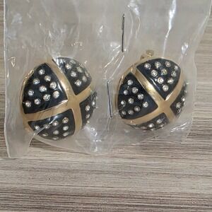 Vintage Gold Tone Black Enamel Rhinestone Dome Clip On Statement Earrings